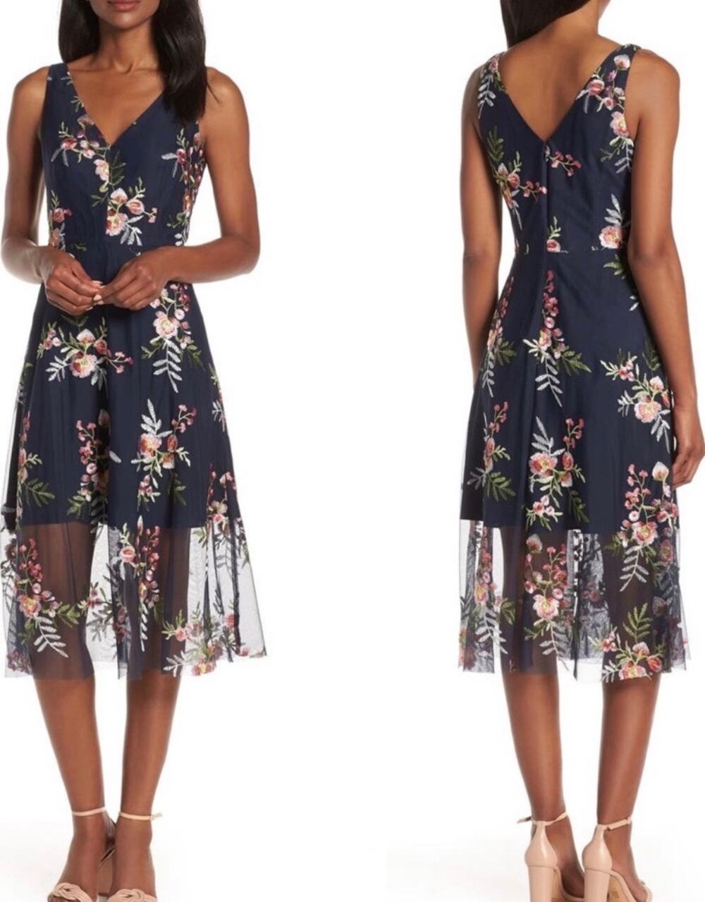 Vince Camuto Women's Size 4 Navy Floral Embroidered Mesh Midi Dress NWT